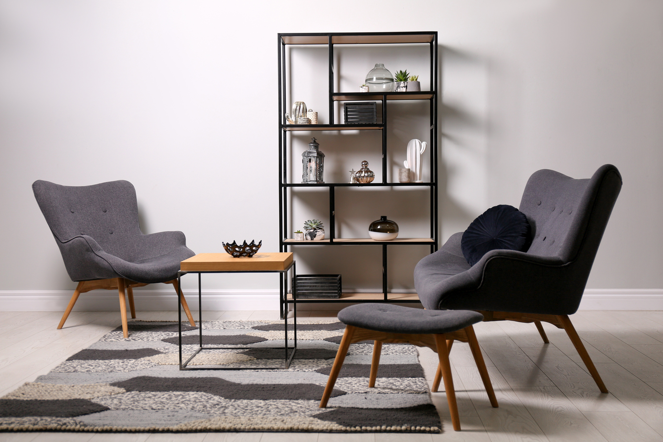 Stylish Room with Armchairs, Coffee Table and Shelving. Interior Design
